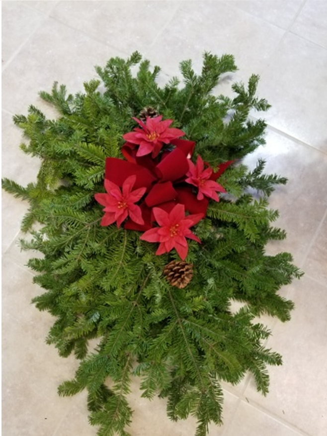 Grave Blankets - $15 An evergreen balsam blanket decorated with a holiday ribbon, pine cones & silk poinsettias.