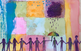 Illustration of several people holding hands in a row and one holding an umbrella over the head of another on whom rain is falling.